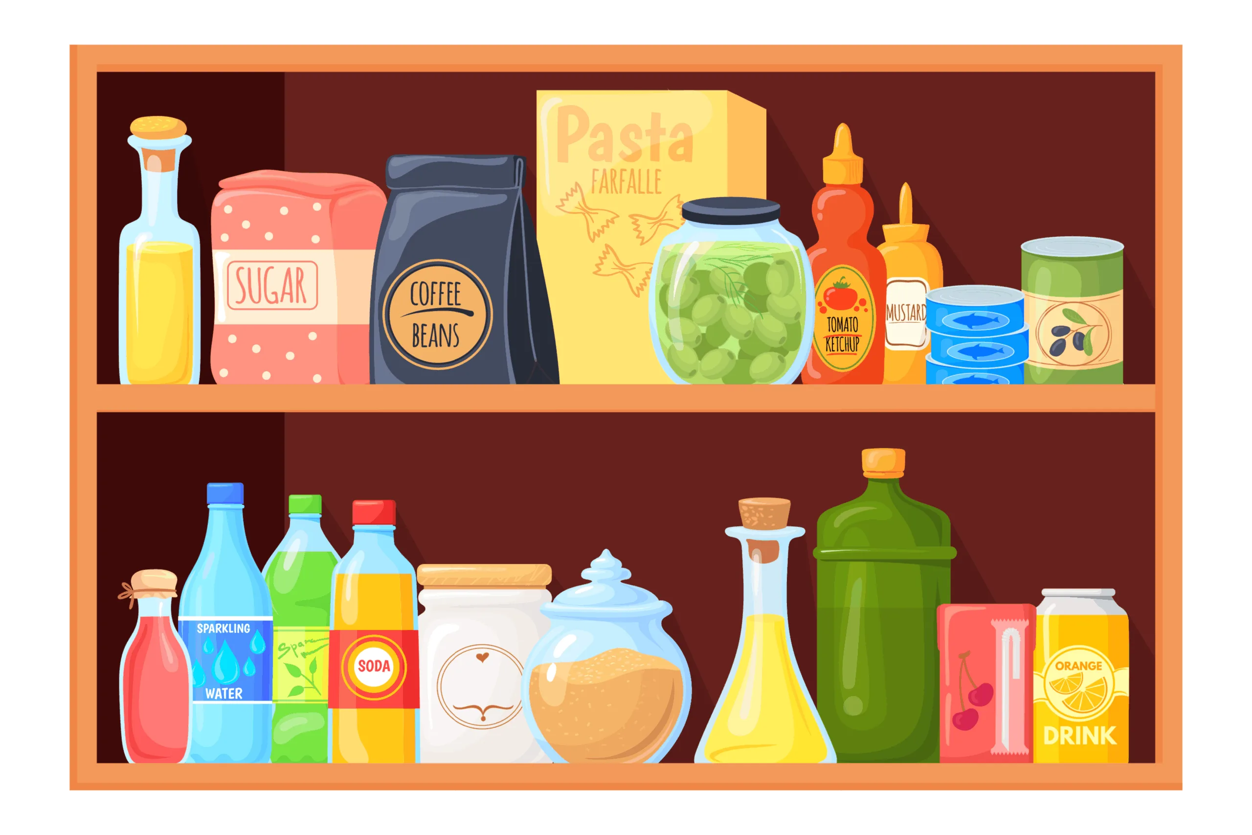 Kitchen cupboard canned food dry goods pasta coffee spices condiments sugar tuna cooking oil AdobeStock 1357896975 scaled